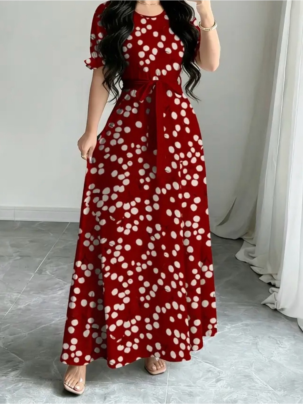 Women’s Burgundy Polka Dot Maxi Dress with Tie Waist